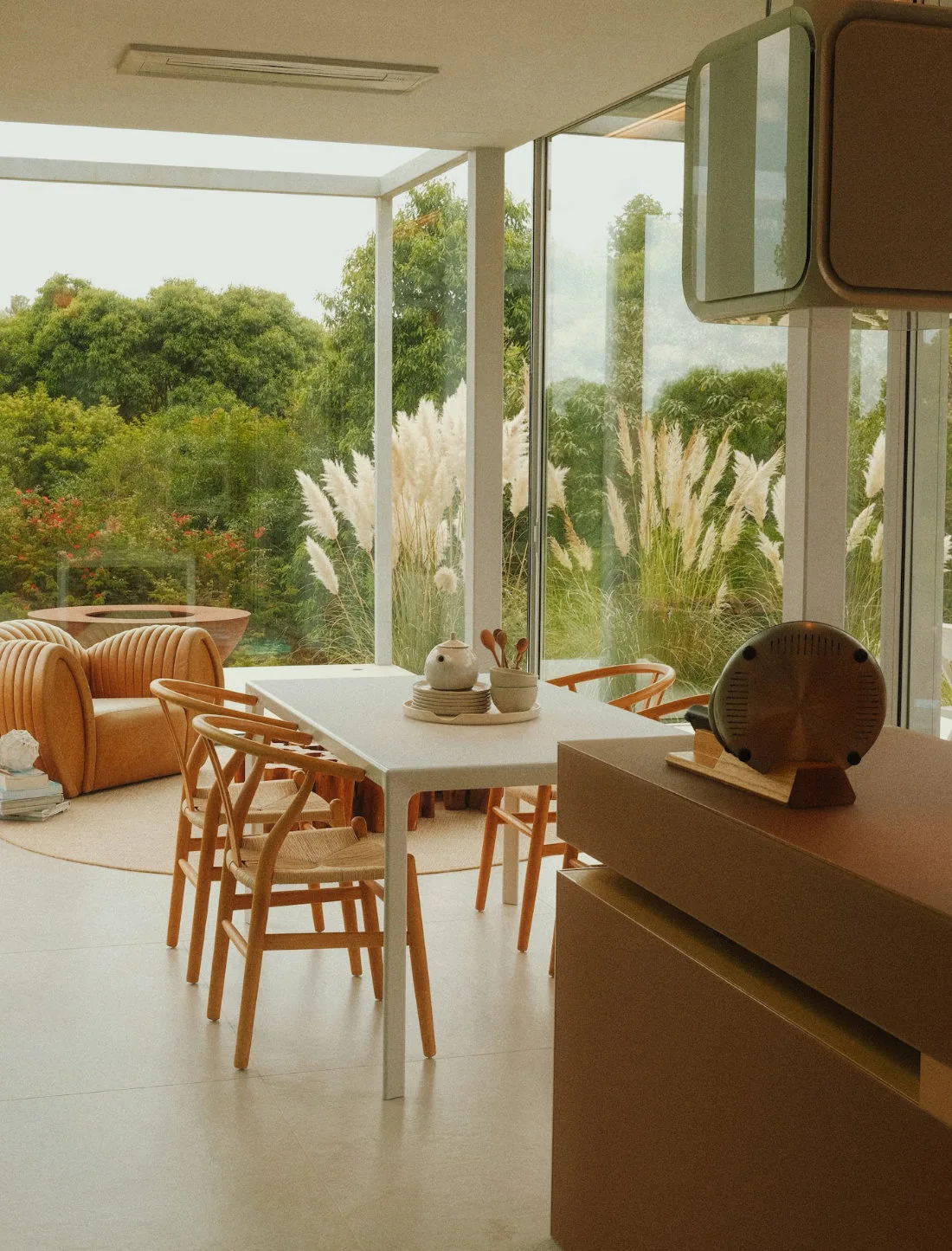 A thoughtfully designed dining room surrounded by nature
